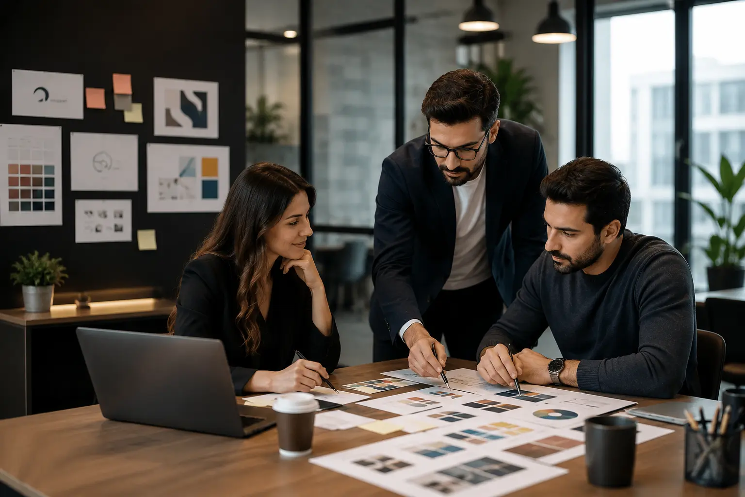 Experts at our digital marketing agency for small business discussing scalable branding, logo design, and visual strategy at a modern office table.