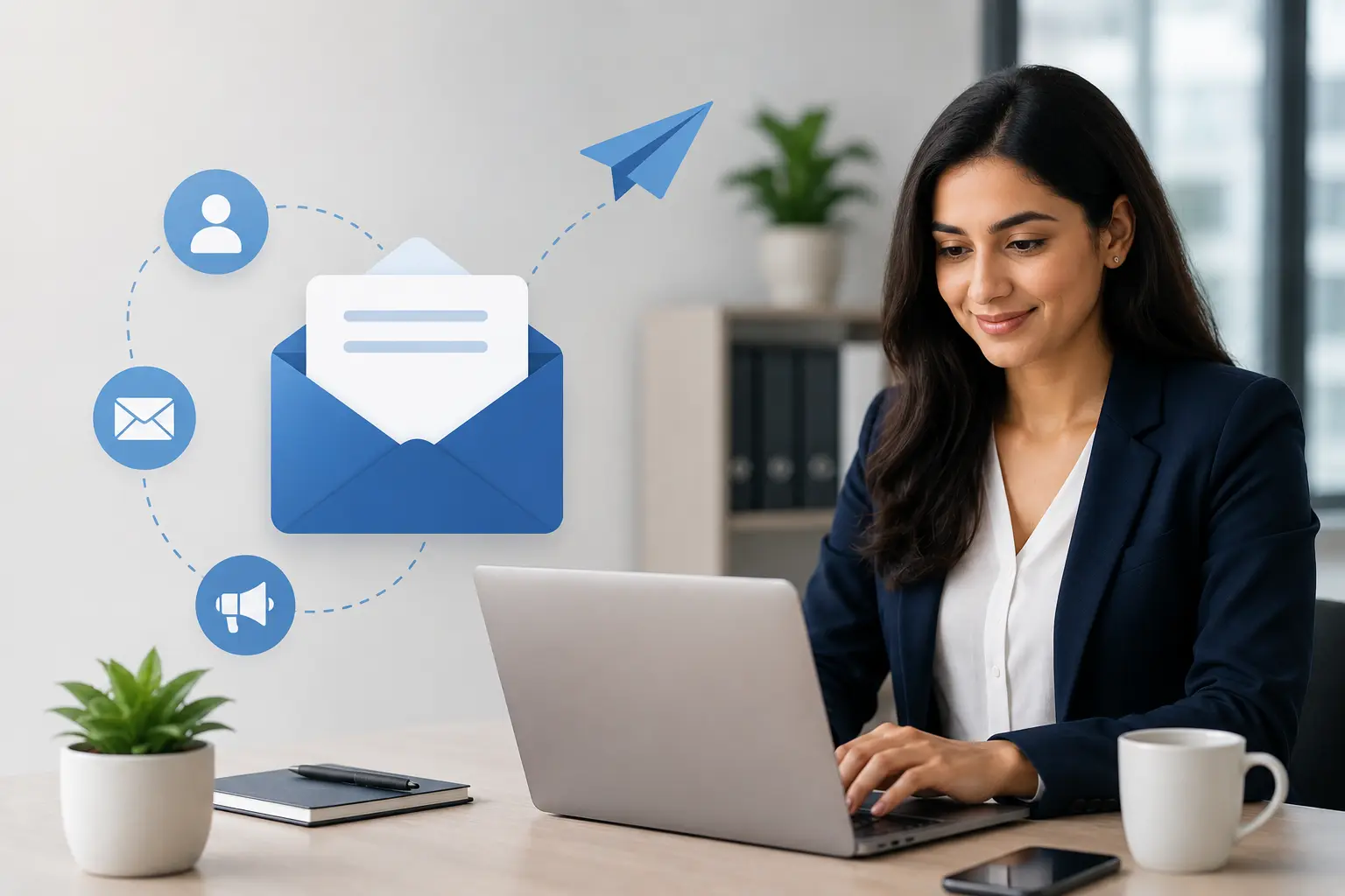 Female digital marketing agency professional using a laptop to manage email marketing campaigns and communication strategies for small business.