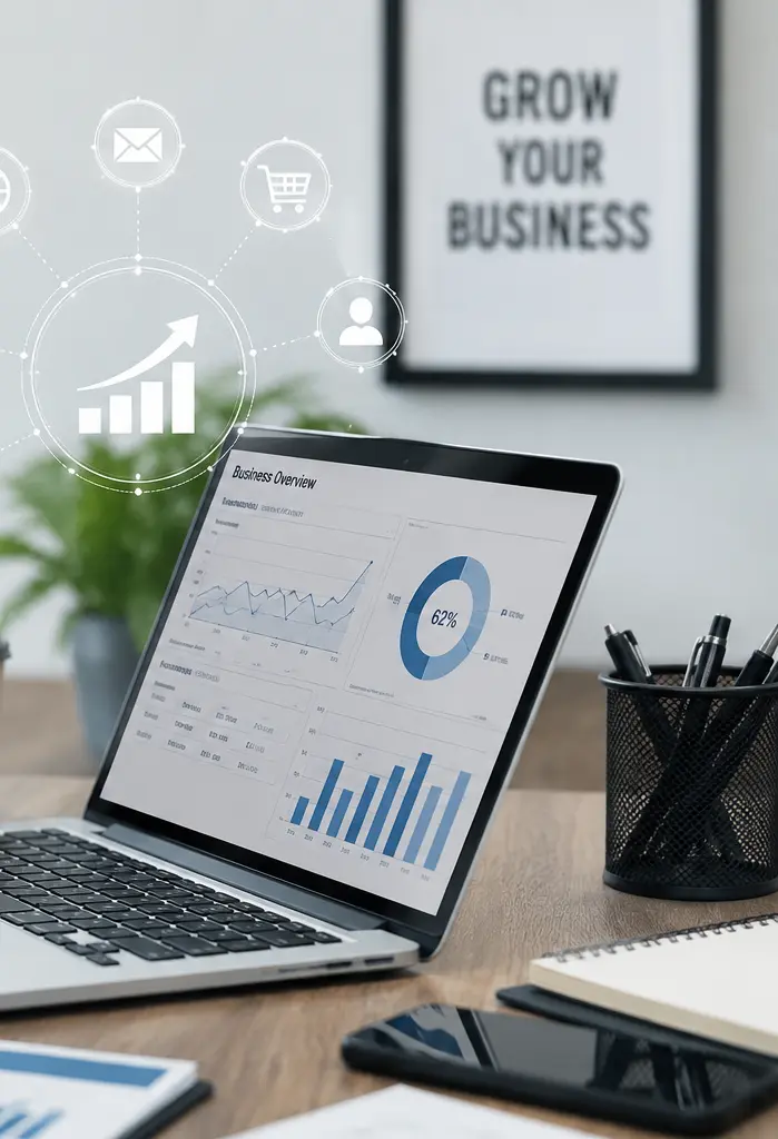 A laptop displaying a business overview data dashboard, surrounded by digital marketing icons and a Grow Your Business poster on the wall.