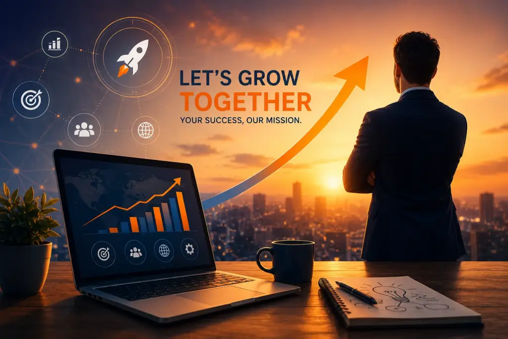 Digital graphic featuring the text 'Let's Grow Together' alongside a businessman, growth charts on a laptop, and an upward trend arrow.