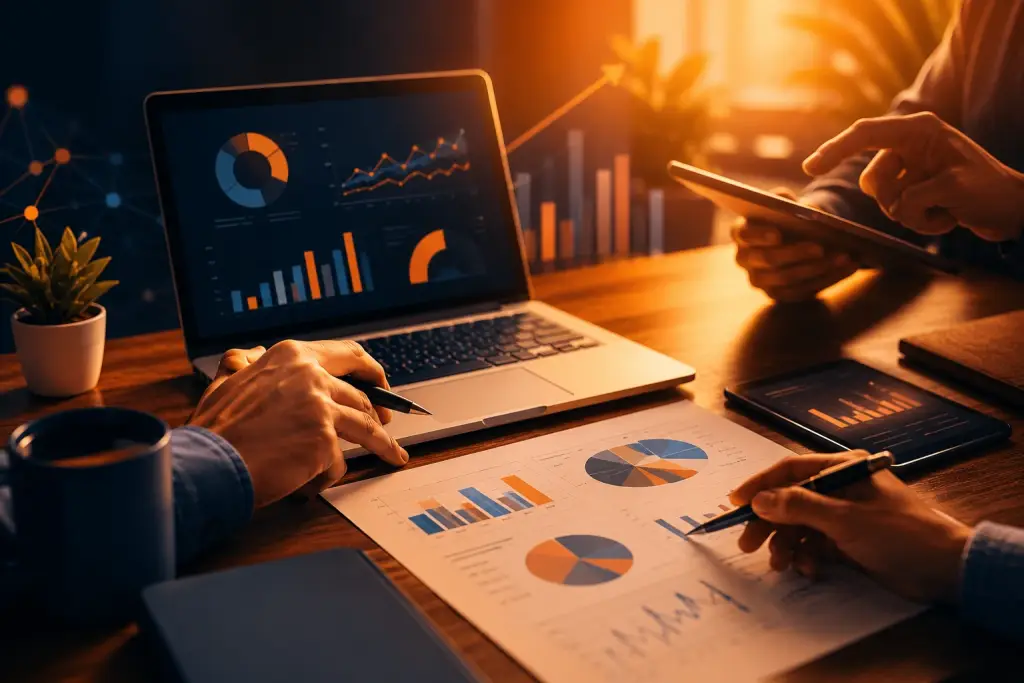Professionals analyzing printed charts, a tablet, and a laptop displaying digital performance dashboards for analytics reporting.