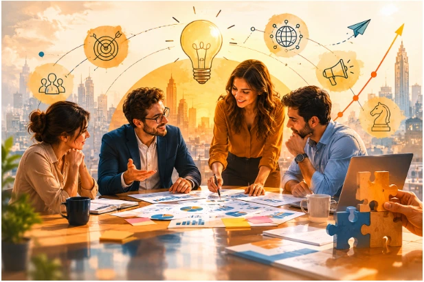 A team of business consultants brainstorming around a table, surrounded by a glowing lightbulb, strategy icons, and puzzle pieces.