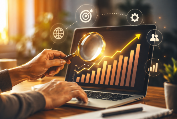 Hands holding a magnifying glass over a laptop displaying an upward trend line and SEO icons, representing organic traffic and search rankings.