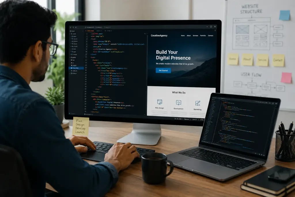A programmer coding a modern website on a desktop and laptop, showcasing our UI/UX design and responsive website development services.
