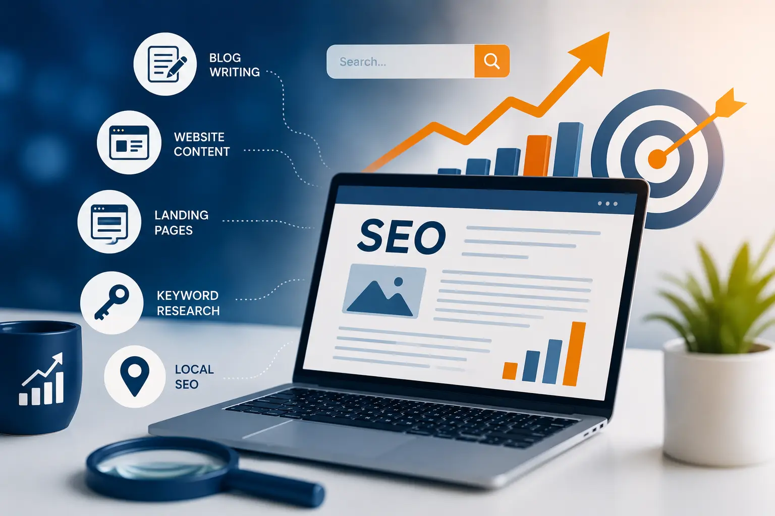 Laptop displaying SEO strategy for small business with icons for blog writing, keyword research, and local SEO to drive digital marketing growth.