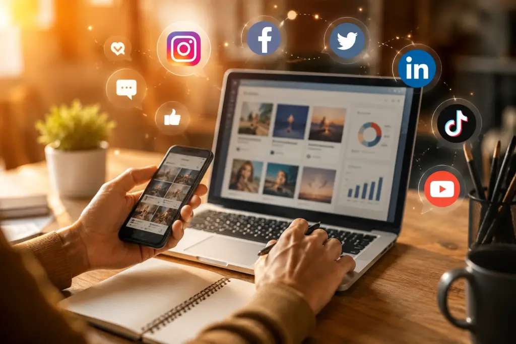 A professional managing social media content on a laptop and smartphone, surrounded by floating icons including YouTube and TikTok.