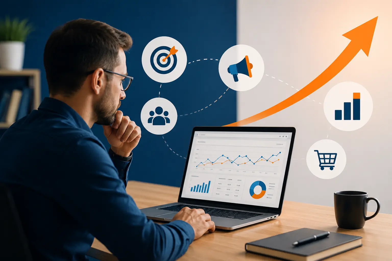 Strategist reviewing social media marketing analytics and customer interaction data on a laptop, driving online engagement and brand reach.