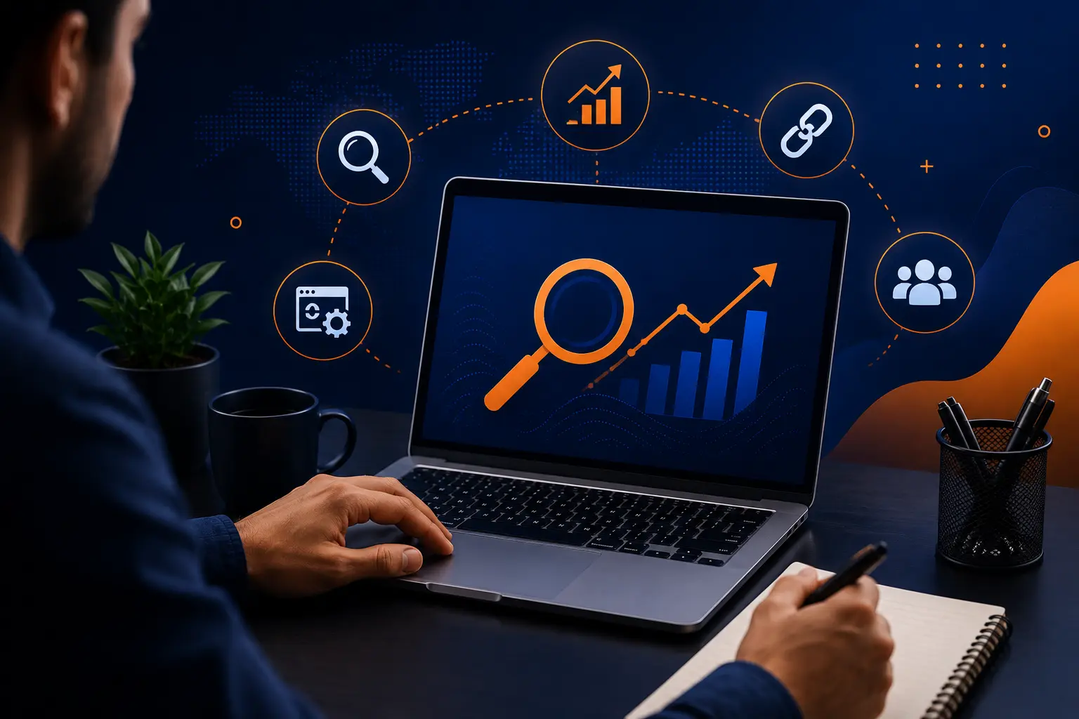 Nexeya expert reviewing a scalable web development project on a laptop, tracking performance metrics and UX design to improve conversions.