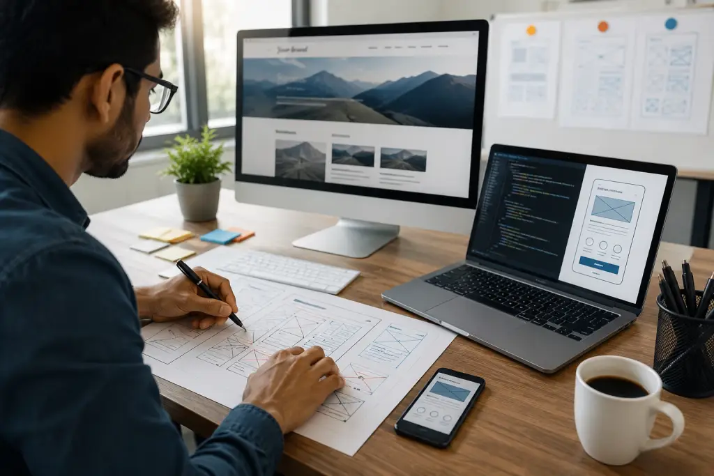 Professional planning digital strategies with wireframes, a coding laptop, and a site mockup, reflecting our comprehensive marketing solutions.