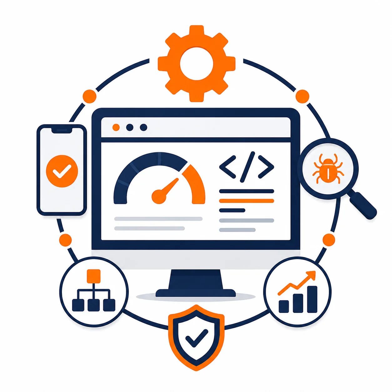 Illustration of a desktop monitor showing page speed, surrounded by icons for mobile optimization, bug tracking, and site structure.