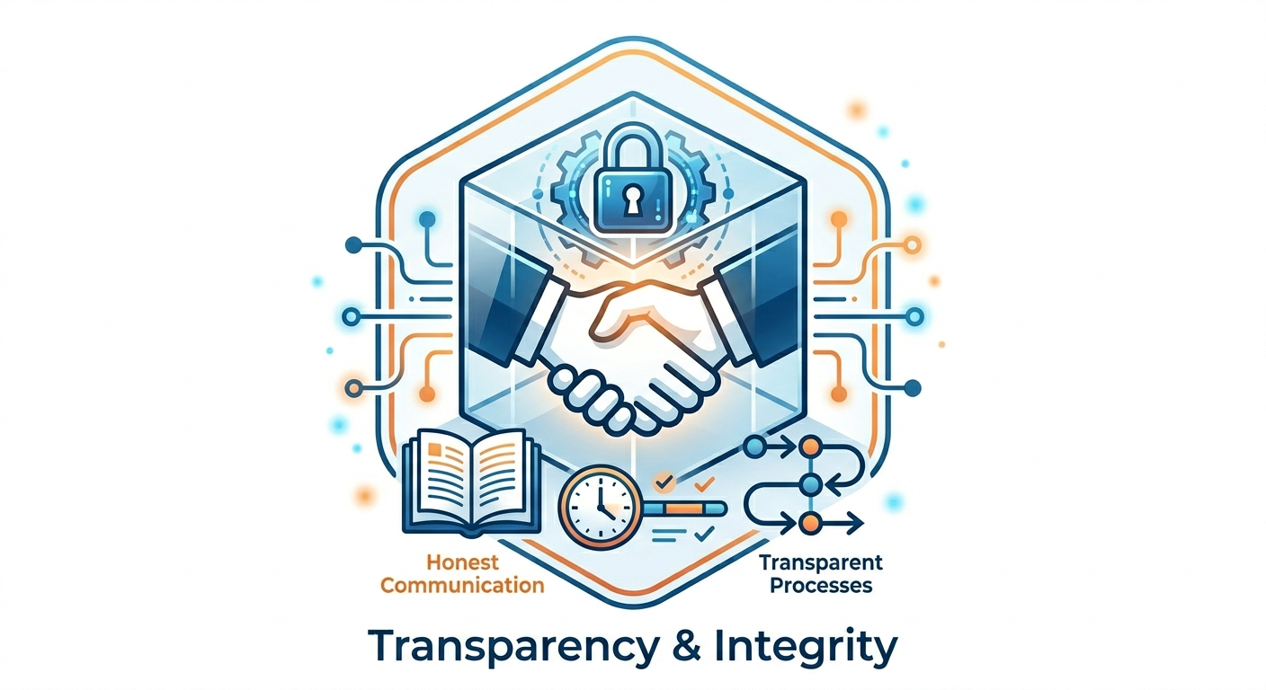 Transparency and integrity graphic with a handshake and lock, highlighting honest communication at our USA digital marketing agency for startups.