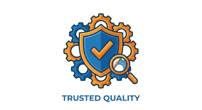Trusted quality badge with shield and gears, representing reliable digital solutions and technical excellence from our digital marketing agency.