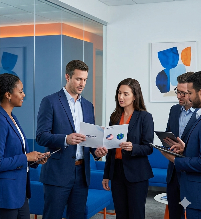 Nexeya Group team reviewing our vision for USA small business digital marketing on a printed brochure, collaborating in a modern agency office space.