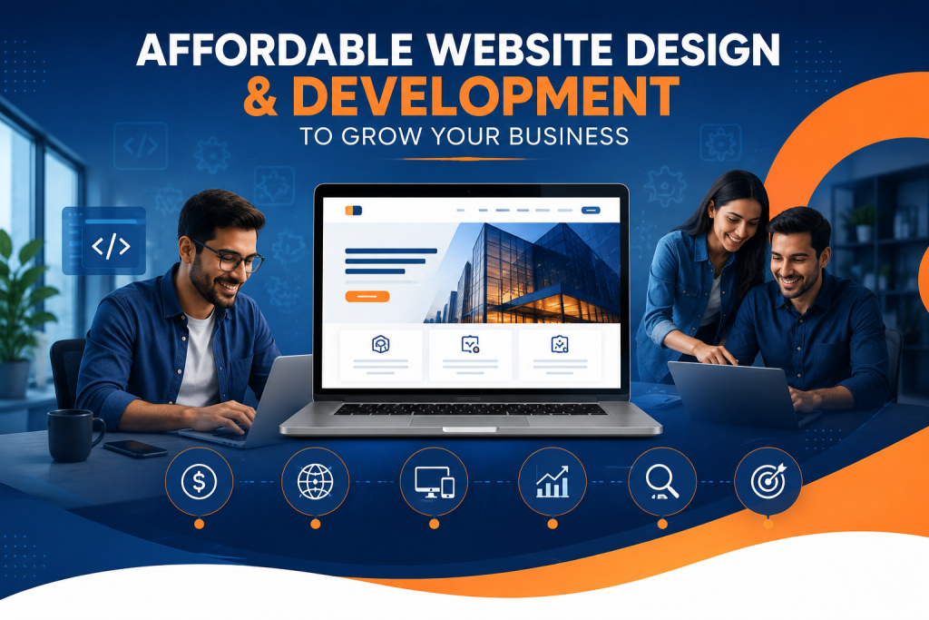 Diverse team collaborating on affordable website design and development, using laptops to create fast, scalable web solutions for small businesses.