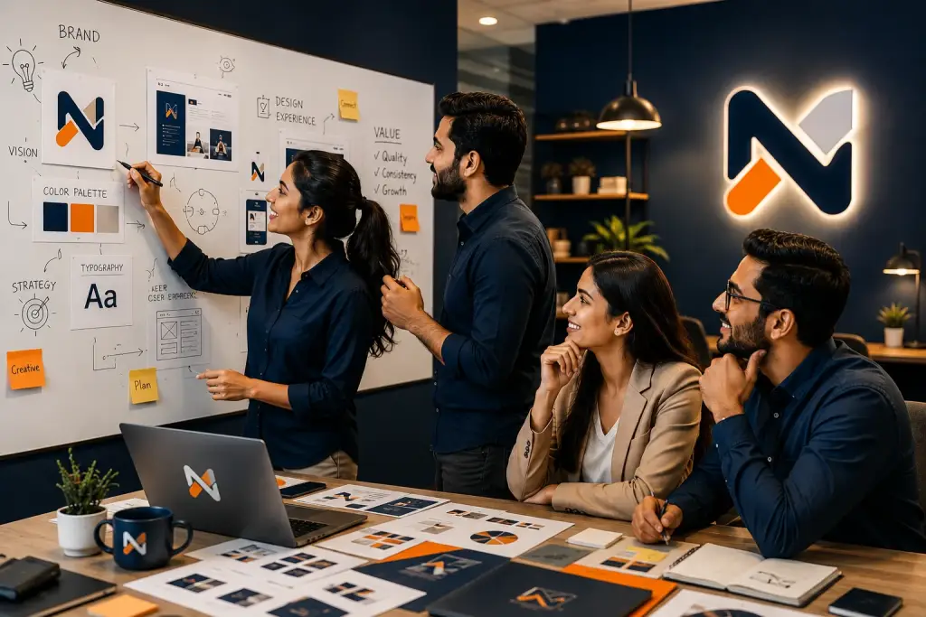 Creative agency team outlining scalable branding systems and custom typography on an office whiteboard.