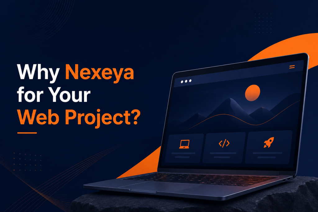 Laptop displaying a modern website interface with text asking Why Nexeya for Your Web Project, representing our value-driven digital solutions.
